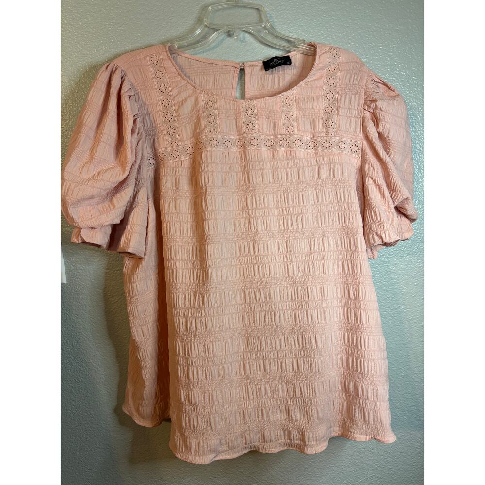 Milk & Honey Pink Eyelet Lace Smocked Puff Sleeve Blouse Women's Size 1X